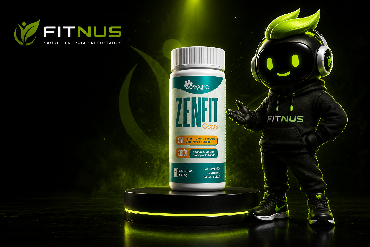 Gustavo, mascote da Fitnus, ao lado do pote de Zenfit Caps