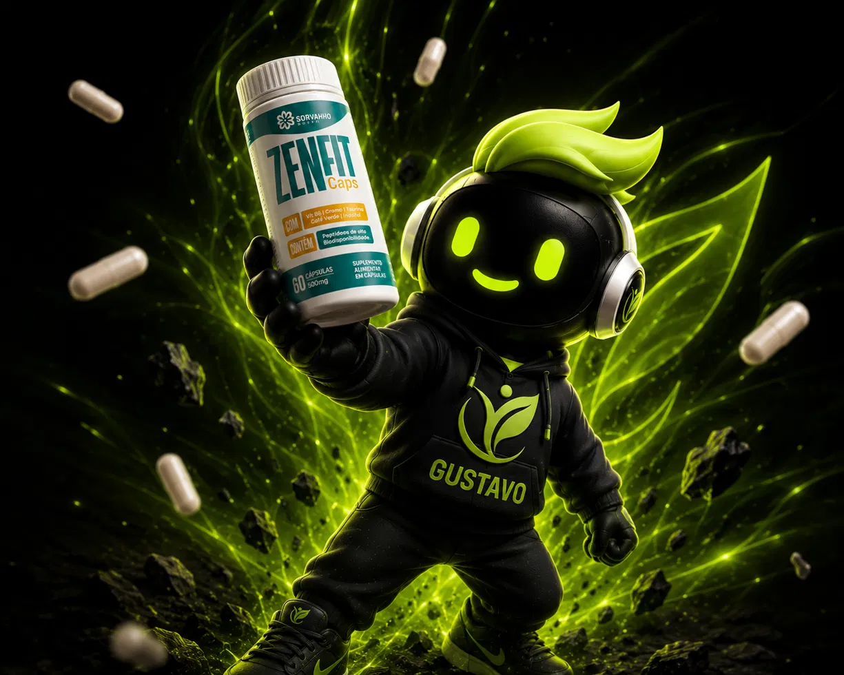 Gustavo, mascote da Fitnus, segurando o Zenfit Caps